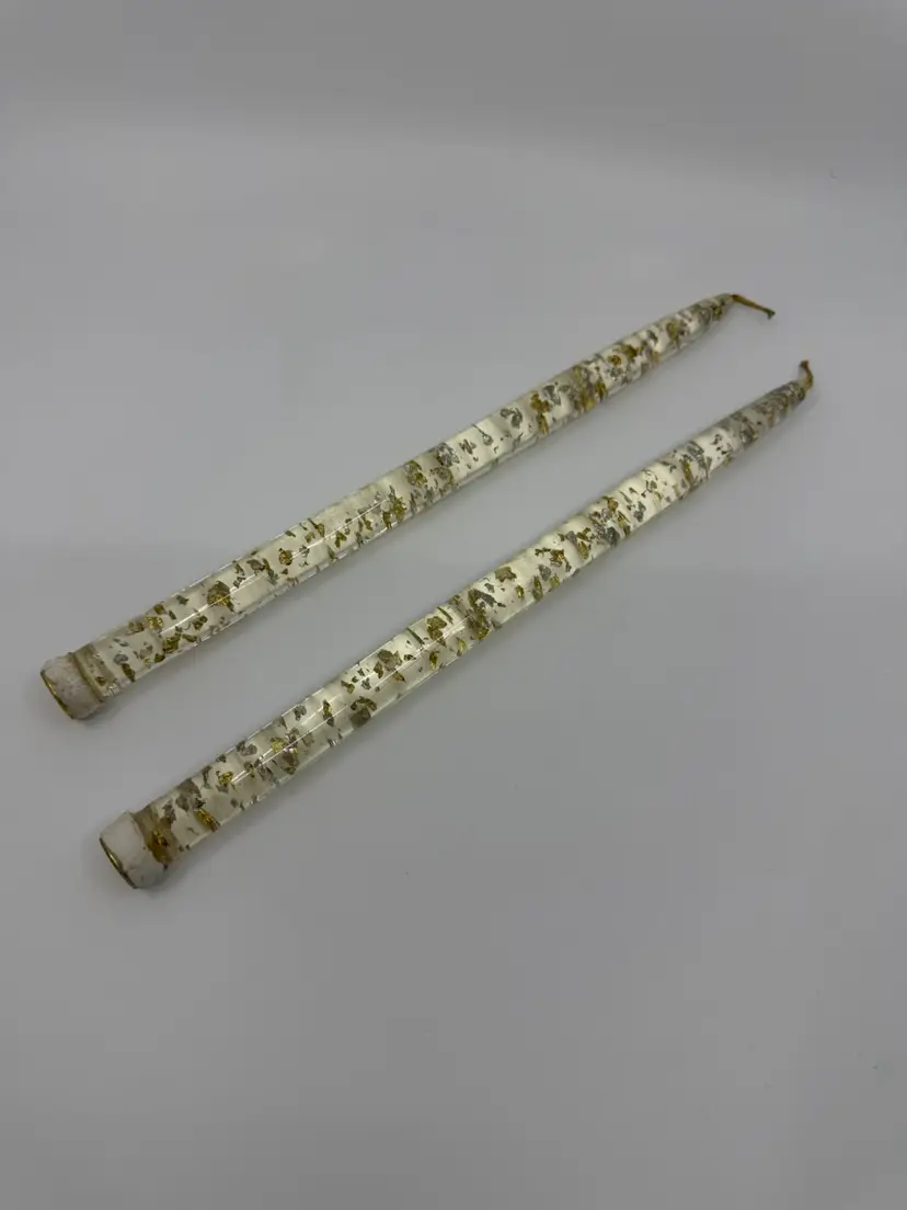 2 Vintage MCM Lucite Clear Tapered Candles With Silver And Gold Flecks 12” Tall