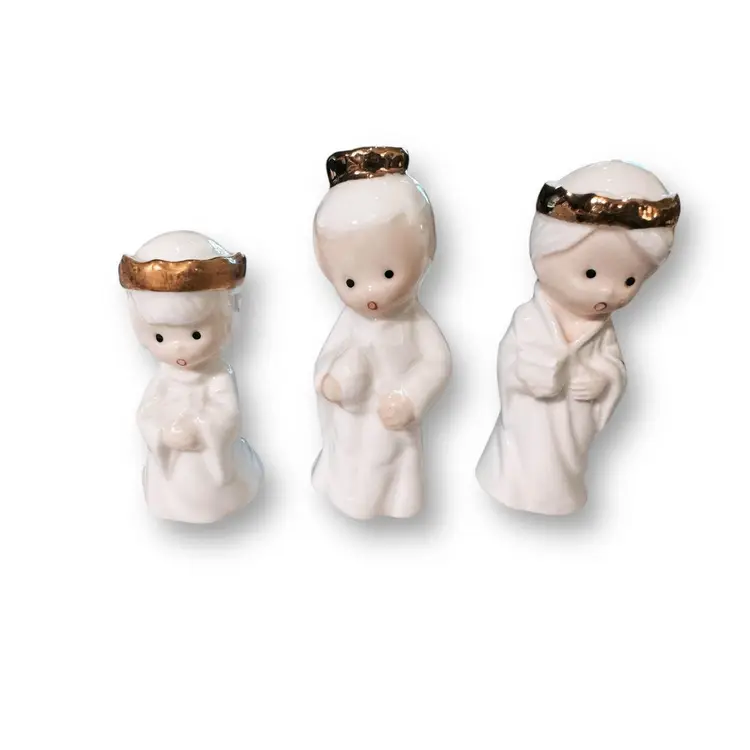 Vintage Miniature Nativity Set White Porcelain with Gold Trim Christmas 10pc