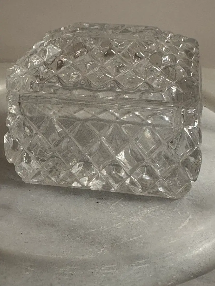 VTG Cut Glass Trinket Box 2.5” X  1.75” X 2.25” Ring Holder .