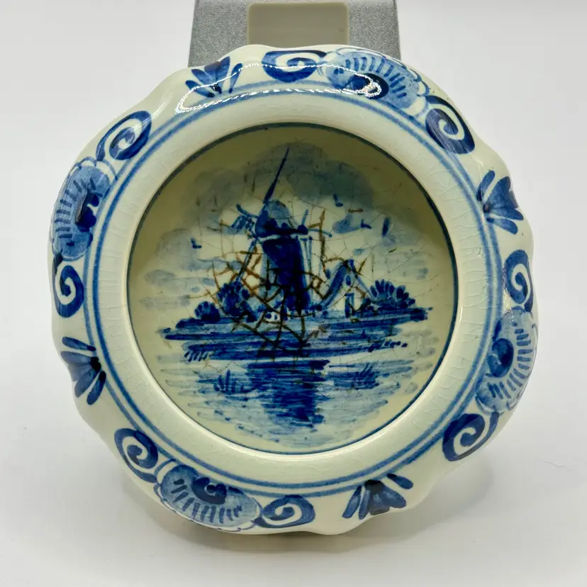 Vintage Delft Blue Windmill Scene Hand Painted Ceramic Round Ashtray Trinket Dish Bowl, Nautical Dutch Design, Collectible, By Royal Delft Blue, Holland, MPN 036