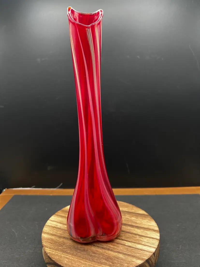 #885B Vintage Art Glass Red, White And Multicolor Stripes/Swirl Swung Vase, Glows
Hand Blown 10 1/2”