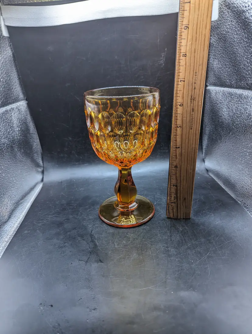Vintage Fenton Amber Glass, Thumbprint Pattern Water Goblet{s}, 6.5-inch Tall.