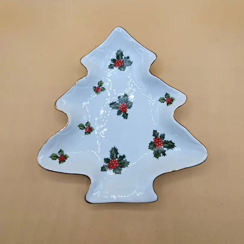 Lefton White Christmas Tree Trinket Dish 8.5" x 7.25" Plate