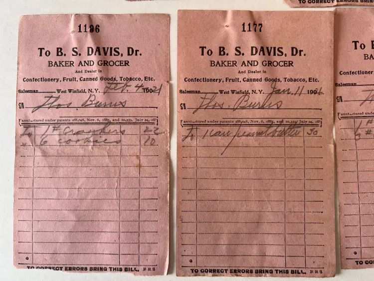 Antique General Store Receipts. 1921 BS Davis Mercantile Baker Grocer Ephemera. Winfield NY