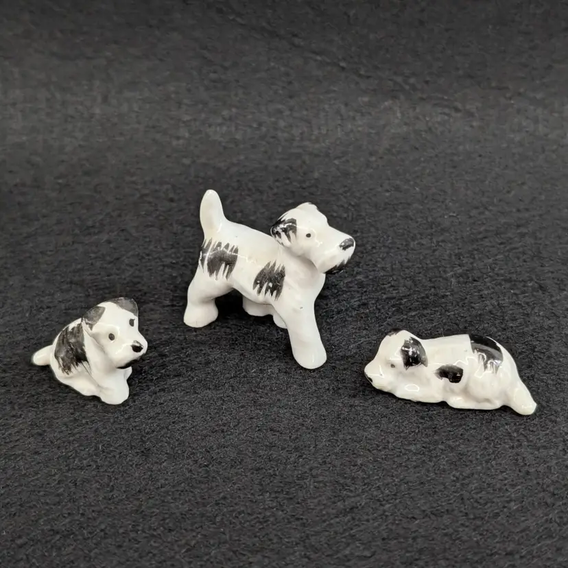 Vintage Set of 3 Fox Terrier Schnauzer Dogs Parent 2 Puppies White Black Japan