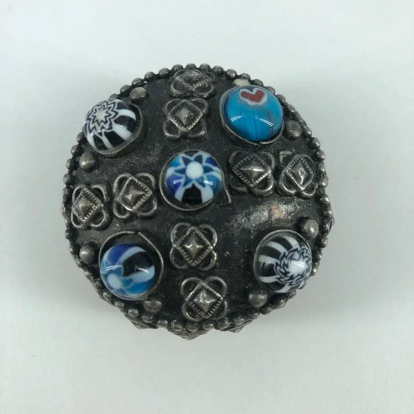 Antique Millefiori Glass Beaded Metal Trinket / Pill Box