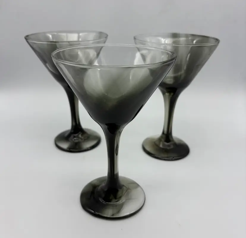 Set of 3 Pier 1 Handblown Glass SMOKE GRAY SWIRL MARTINI  Cosmopolitan Glasses