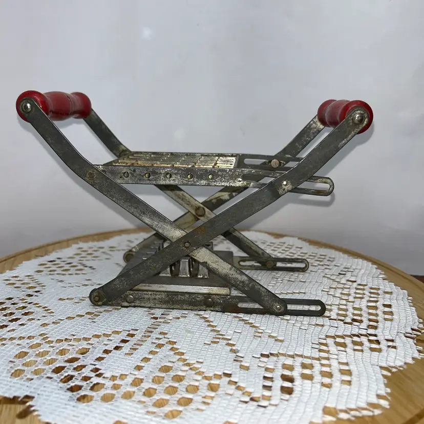 Vintage “Nutbrown Product” Potato Chipper (French Fry Cutter). Made In England. Red Wooden Handles. Early 1950s.