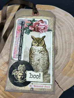 Halloween Owl Tag Mixed Media Collage Junk Journal Handmade