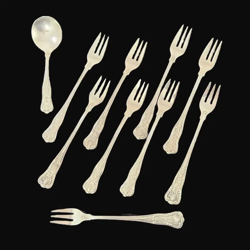 Antique US Navy Kings Pattern Cocktail Forks & Soup Spoon 10 Pc Set Silver Plate Flatware Fouled Anchor