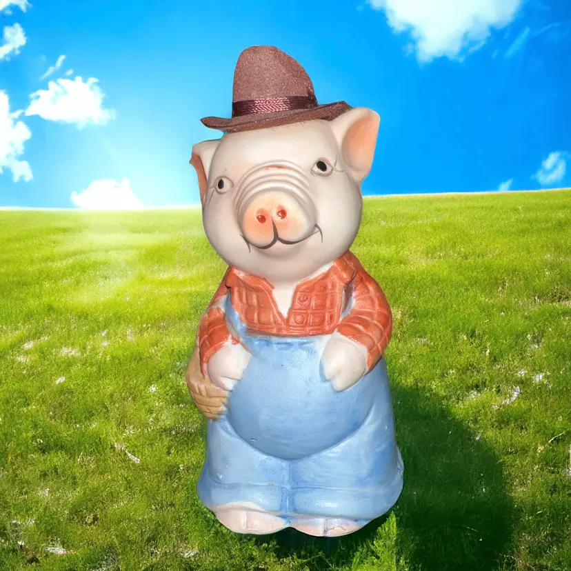 Vintage Ceramic Jasco Farmer Pig Felt Hat Piggy Coin Bank Figurine Taiwan 5.5”