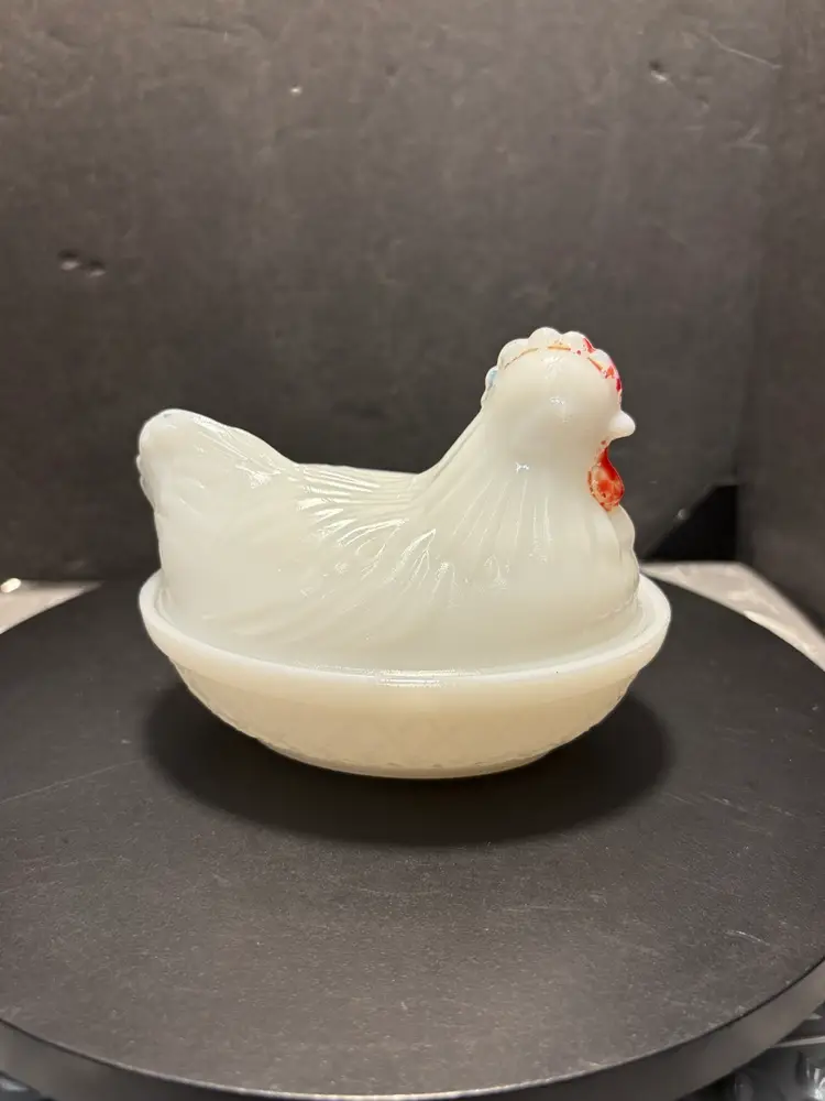 Vintage Hazel Atlas White Opalescent Milk Glass Hen on Basket Covered Dish, Painted 5”