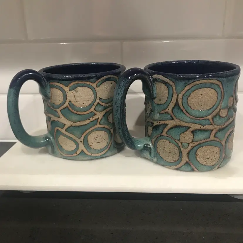 Stoneware Mugs Set Of 2 Signed Blue Glaze