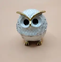 Small White Enameled Owl Trinket/Pill Box w/Clear Crystals