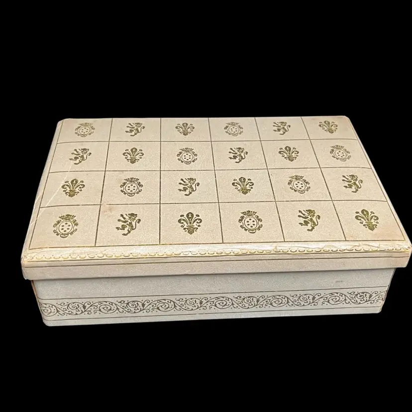 Cream/Gold- Jewlery Box - Lion Crest Emblem 2-tier- Red Satin Lined- 8.5” Wide- Vintage