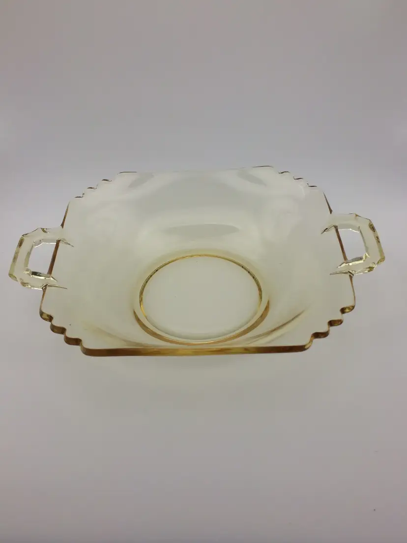Yellow Glass Bowl/Dish with Handles 1 1/2" tall x 7 1/2" handle to handle.
