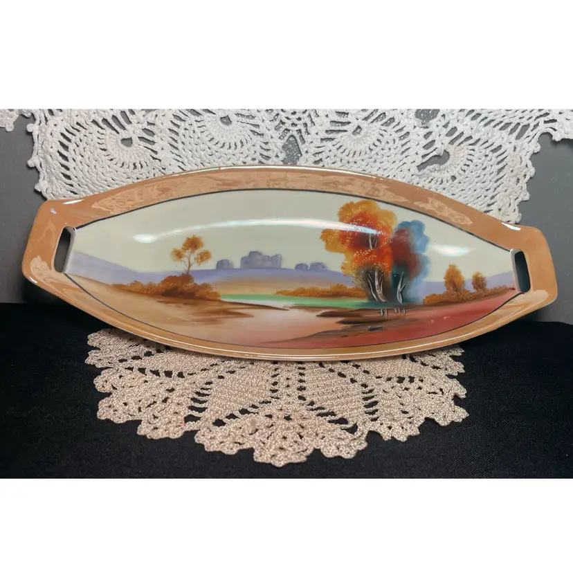 CHIKARAMACHI HAND PAINTED JAPAN LUSTERWARE OVAL SERVING TRAY SCENIC LANDSCAPE HANDLES VINTAGE