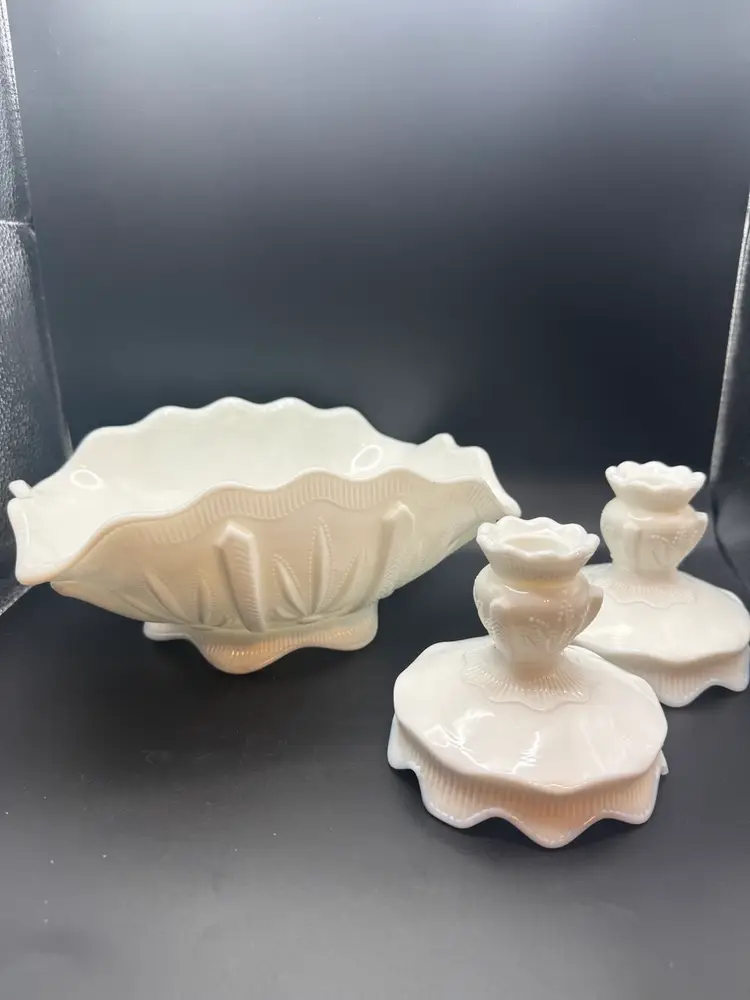 Fenton Art Glass "Cactus" Pattern White Milk Glass Bowl and Candle Holders