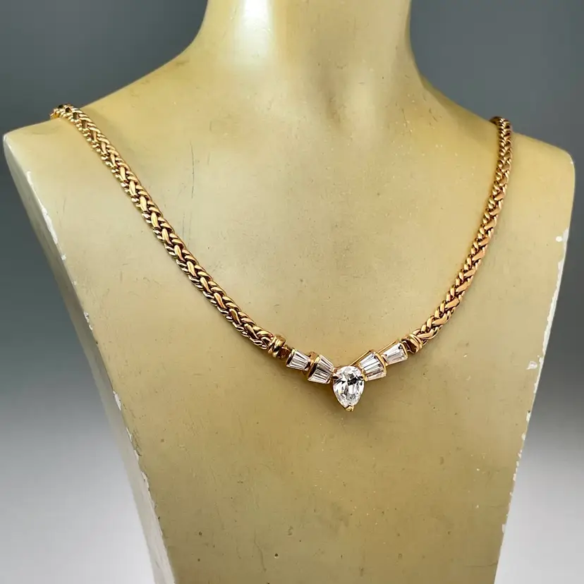 Gold Plate GP Necklace Pear & Baguette Cut CZ Cubic Zirconia 17.5" Spiga Wheat Chain Vintage