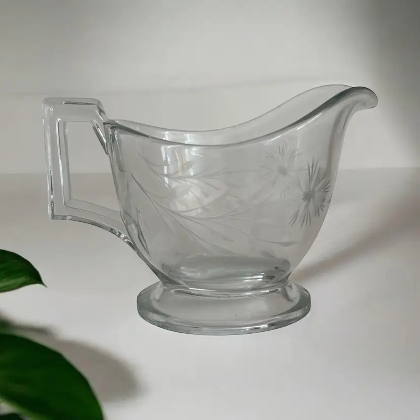Antique Heisey Etched Glass Creamer. Floral Pattern. Signed Marked Heisy