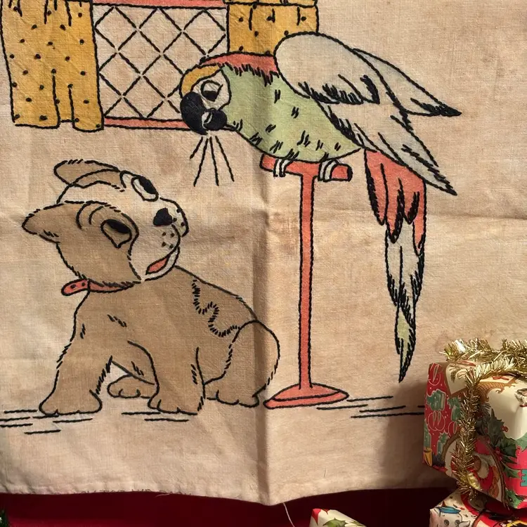 Vintage Doodle Dog Parrot Appliqué Embroidered Pillow Cover 1930’s-1940’s