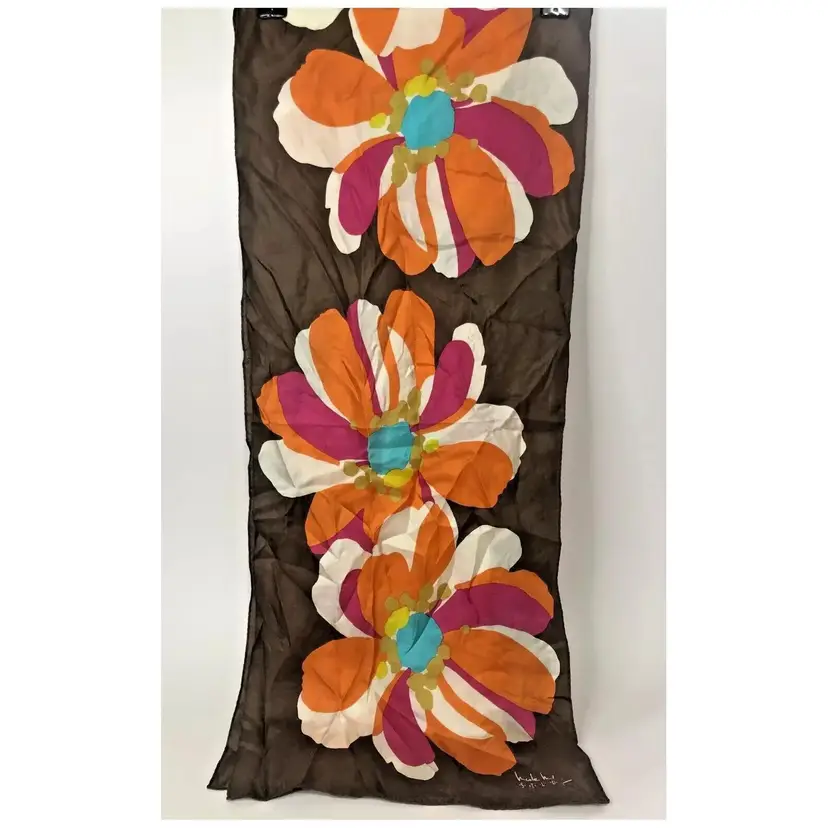 Nicole Miller Studio 100% Silk Neck Scarf Orange Brown Pink Mod Flowers 53"x11"