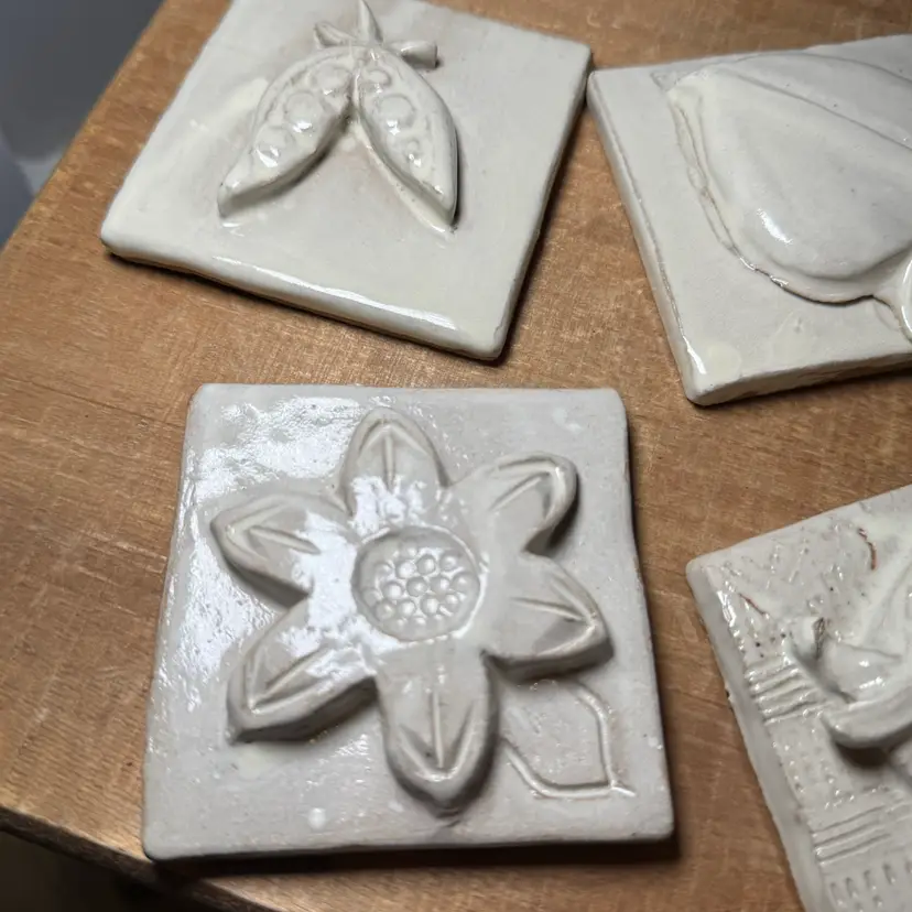 5-Piece Handcrafted Glazed Cream Ceramic Relief Wall Tiles - Nature & Floral Motifs