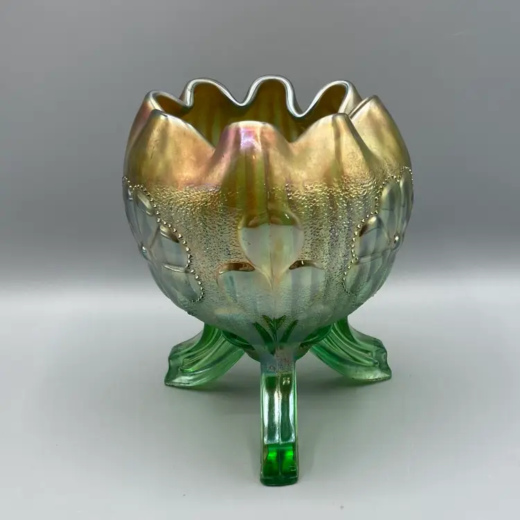 Vintage Northwood Carnival Glass Daisy & Plume Rose Bowl 3 Footed Green Base Color