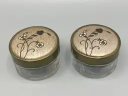 Vintage Metal Lid and Glass Base Cosmetic Vanity Jars / Trinket Dishes