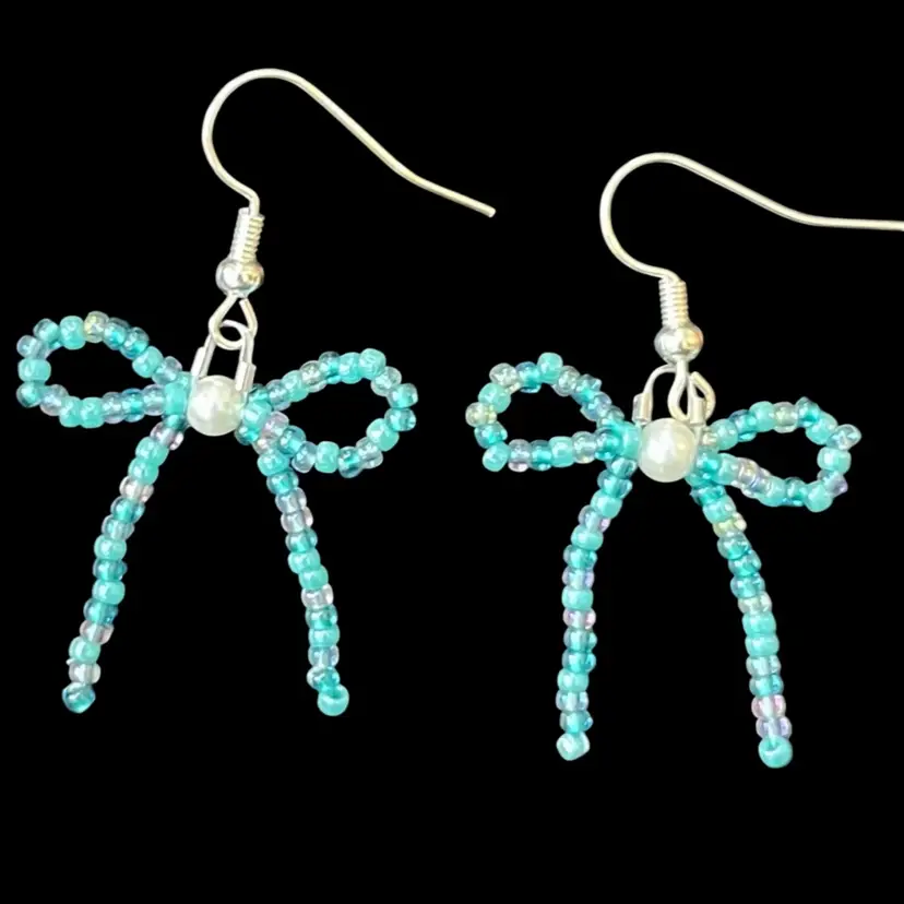 Handmade By Me - Seed Bead Bow Earrings, Light Blue Winter Mix Seed Bead Earrings With Faux Pearl Center, Handmade Earrings, Made By NN Artist