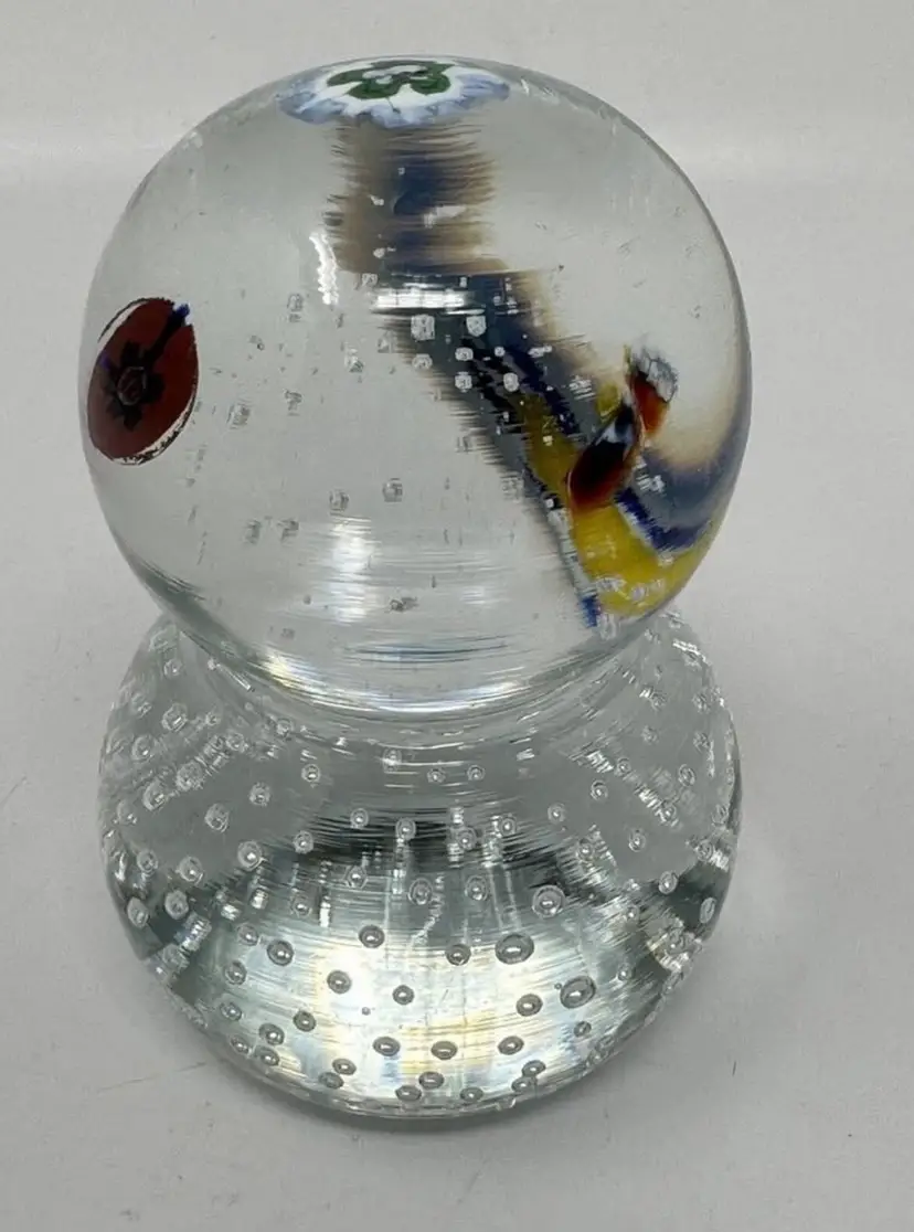 Murano Style Art Glass Millefiori Double Ball Paperweight Control Bubbles 4” H