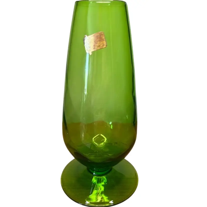 Vintage Norleans Handmade In Italy Green Footed Optic Swirl 8 1/2” Tall Glass Vase