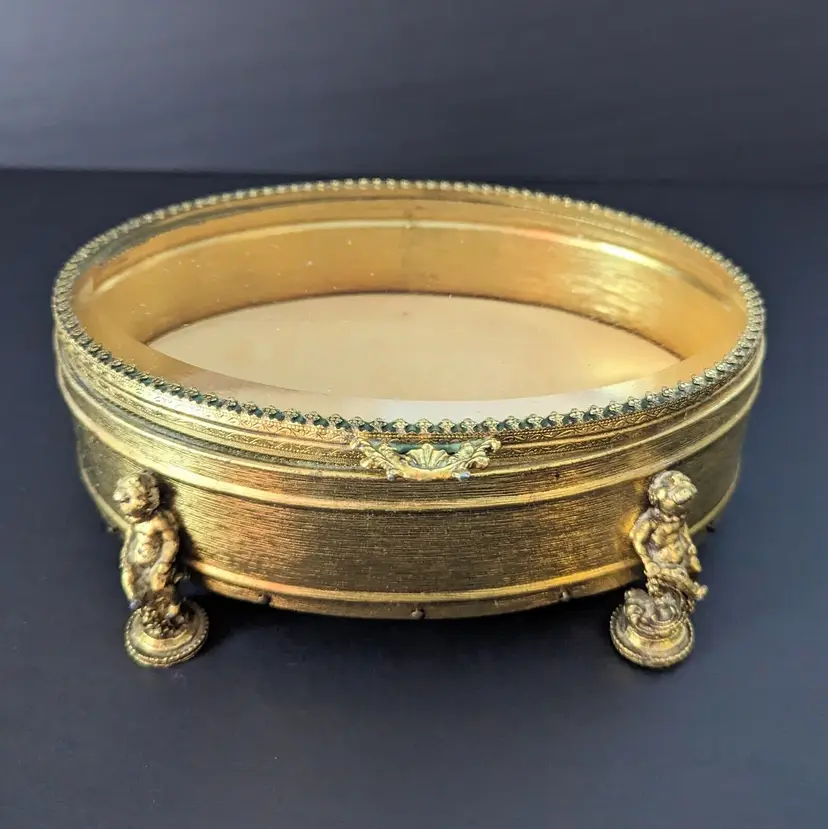 VTG Gold Velvet Lined Glass Top Vanity Box Cherubs Hollywood Regency 8x7x3