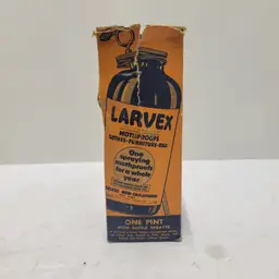 VTG Brown Glass Bottle W/Box Advertising Larvex Moth Proofing Zonite Prod. N.J.