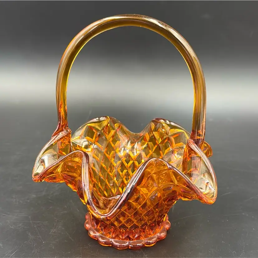 Vintage Indiana Glass Ruffled Basket Diamond Cut Amberina Cadmium Glow