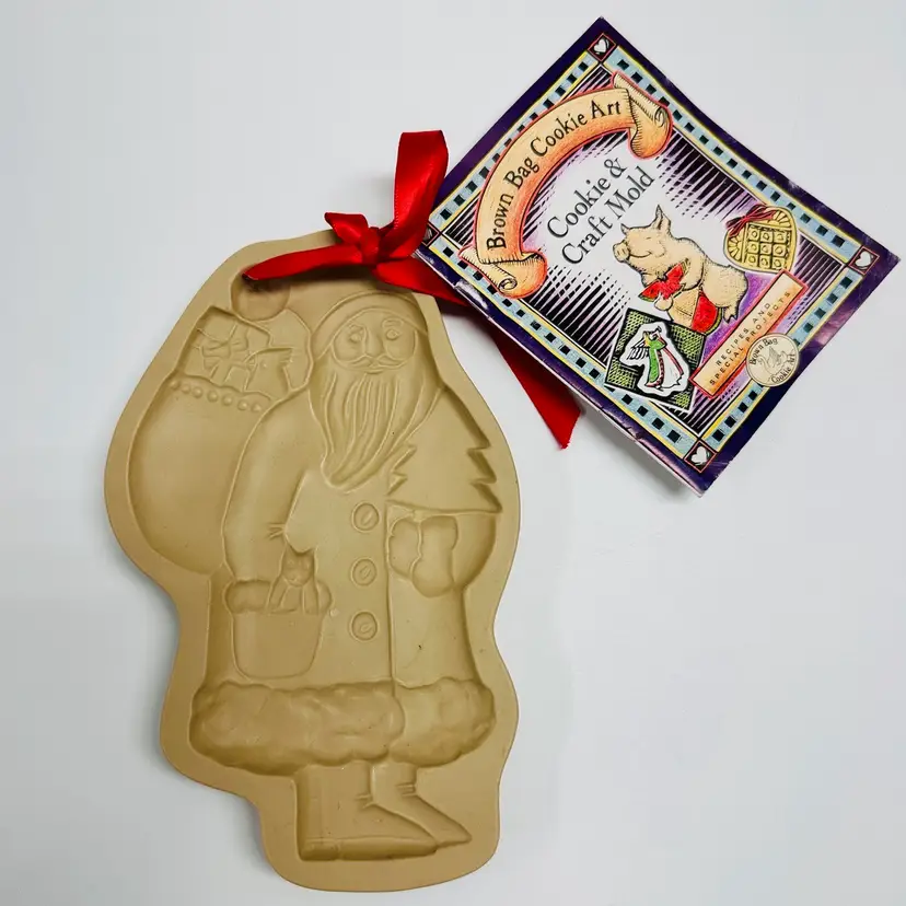 Vintage Brown Bag Cookie Art Christmas Santa Claus Old Saint Nick Cookie Mold Stoneware 1983
