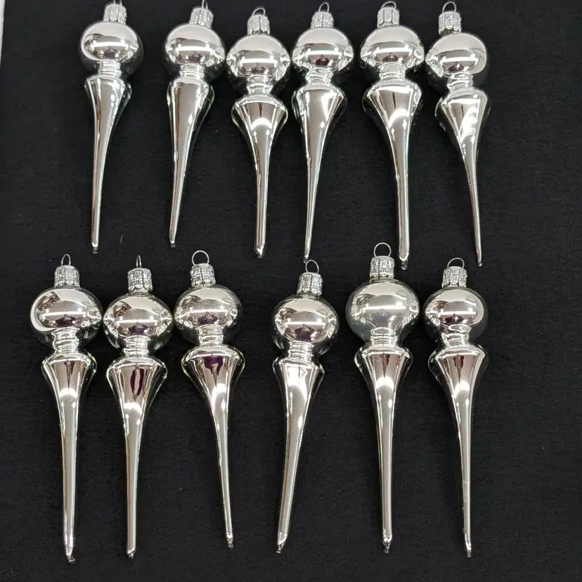 Vintage Set of 12 Christmas Silver Glass Drop Finial Ornaments Czech Republic 5"