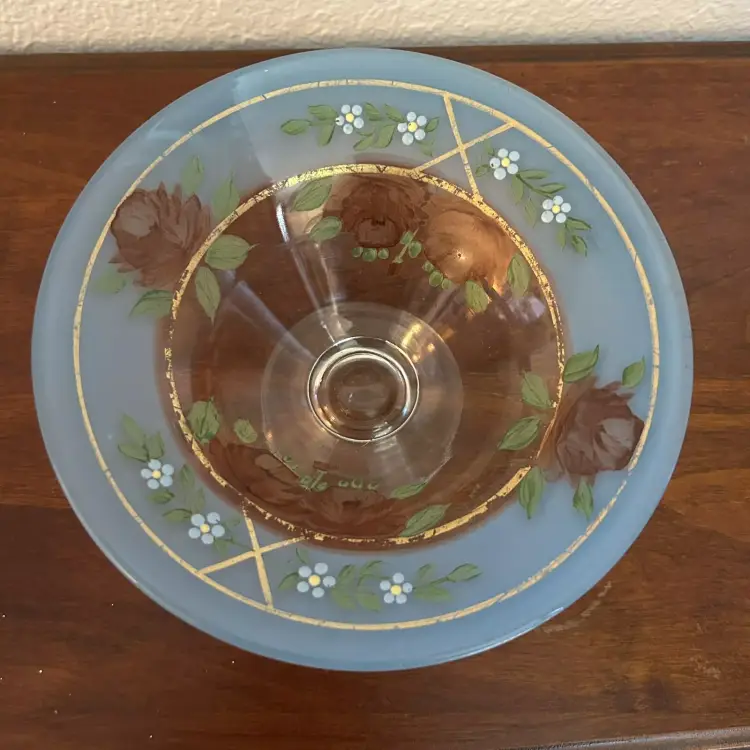 Vintage Depression Glass Art Deco Blue Floral Hand Painted Footed Dish