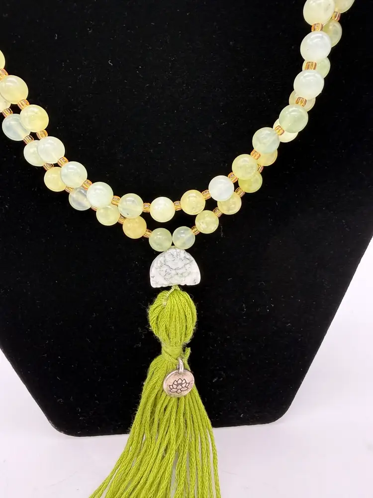 108 Green Lime Jade Beaded Tassel Male Necklace W/ Feng Shui Stone & Lotus Charm