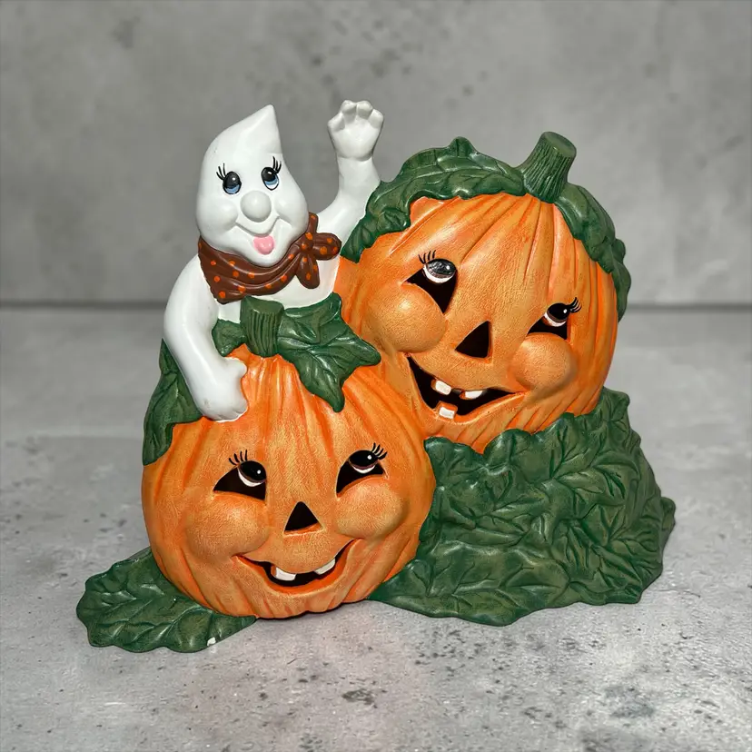 VTG Hand Painted Ceramic Halloween Lighted Ghost & Jack O Lantern Pumpkin w CORD Small chip. See pic.  10.5" X  14" X 4.75"