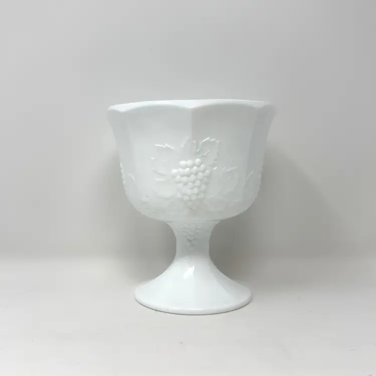 White Milk Glass Compote – Harvest Grape Pattern Indiana Glass (0322-25)