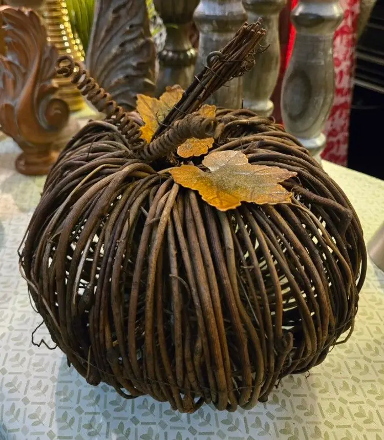 Large Rustic Stick Pumpkin With Metal Leaves