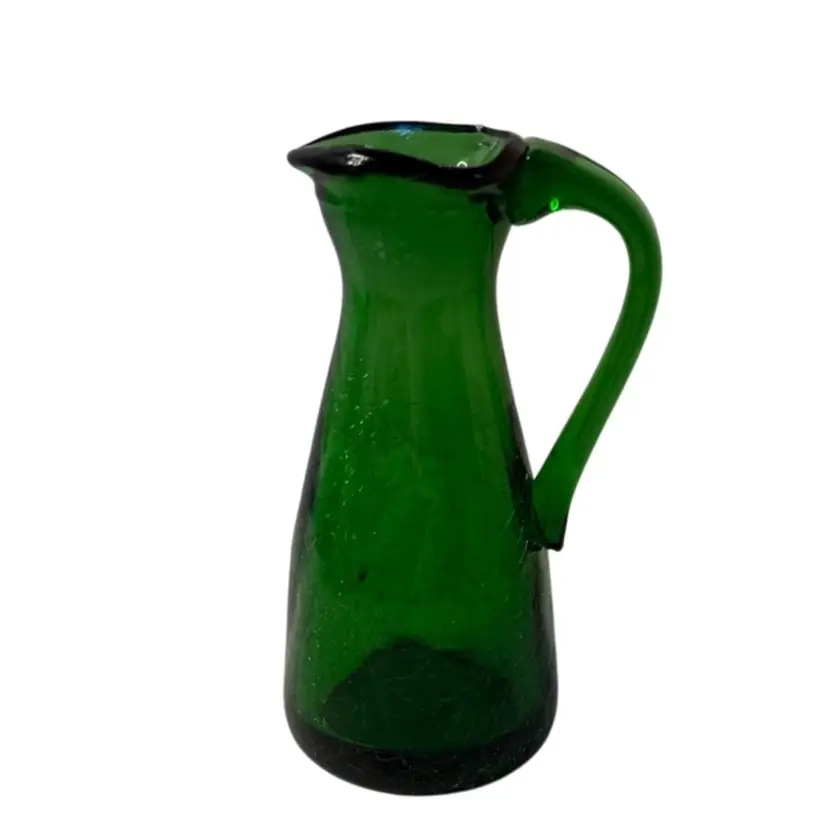 Crackle Glass Pitcher Bud Vase Emerald Green Lefton 5-1/4” T