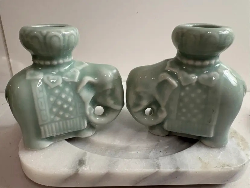 Vintage Pair Chinese Celadon Porcelain Elephant Candle Holders