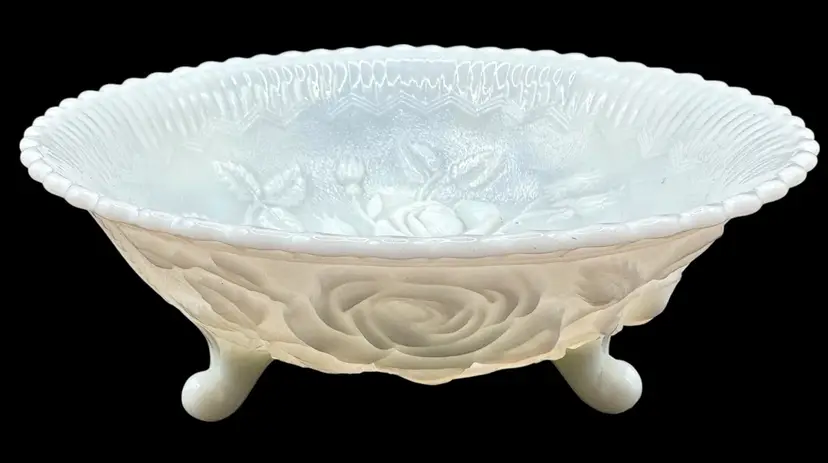 Vintage Imperial Milk Glass 3 Footed Serving Bowl Pressed Rose Floral White 7.5β