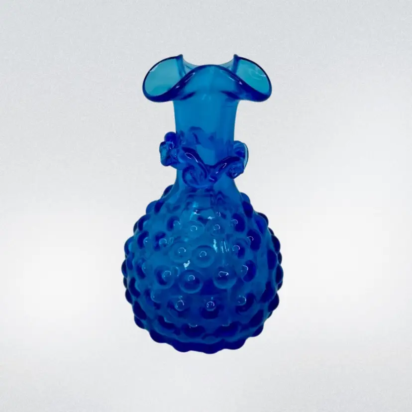 Vintage Blown Glass Hobnail Vase Blue Ruffle Edge Applied Rigaree 4"