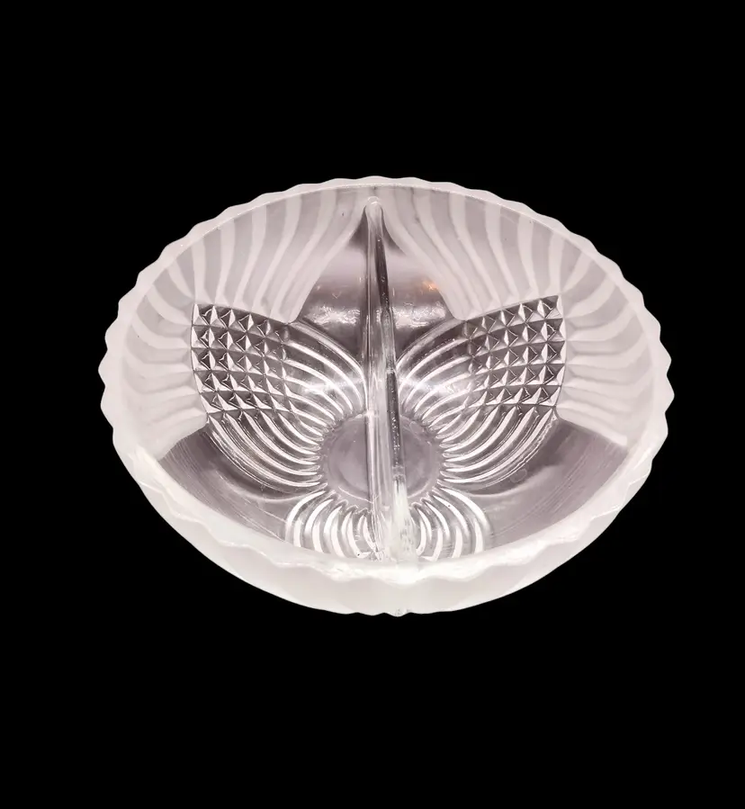 Vintage Tiara Trillium Frosted Clear Glass Divided Dish Art Deco Bowl Candy