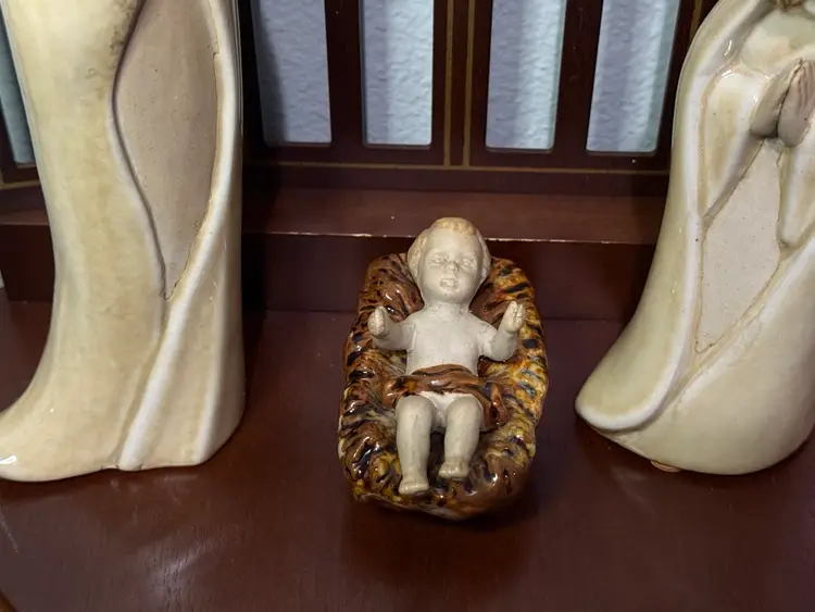 Vintage Porcelain Nativity Set with Gothic Wooden Backdrop