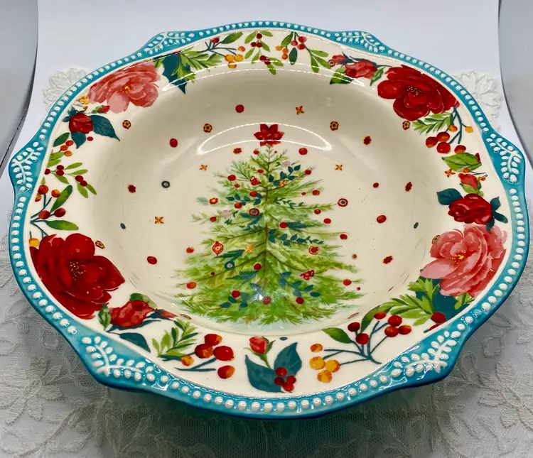 The Pioneer Woman Cheerful Rose Teal Christmas Tree 9” Bowl