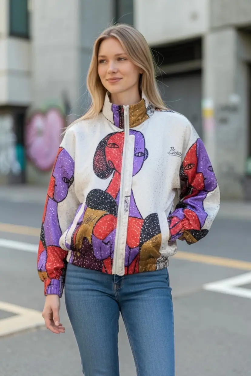 VTG Mitchett Fashion Windbreaker Reversible Retro Sparkle Jacket Picasso  25" Length 27" Armpit To Armpit 17" Waist